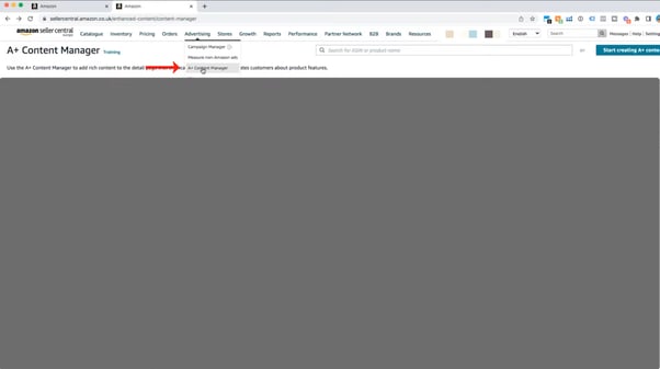 A+ content manager section under advertising on Amazon seller central