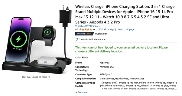 Amazon product listing of a wireless charger