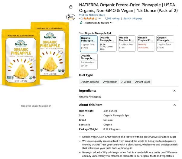 An example of food product listing on Amazon