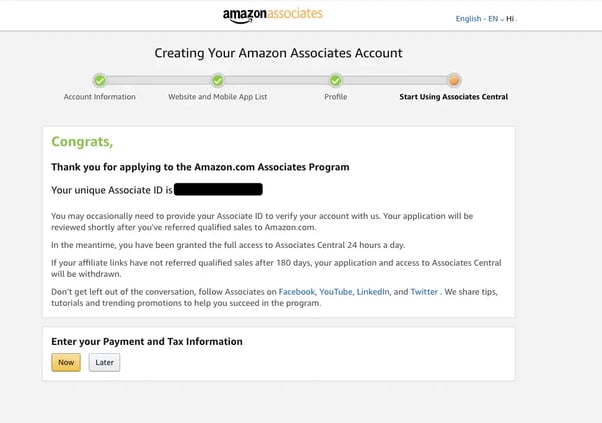 Application confirmation for Amazon Associates account