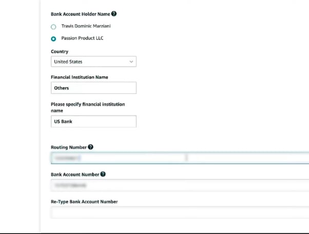 Bank account information section in Seller Central signup&nbsp;