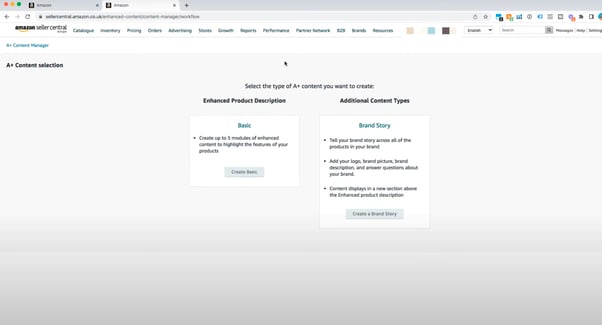 Basic and brand story options for A+ content on Amazon seller central
