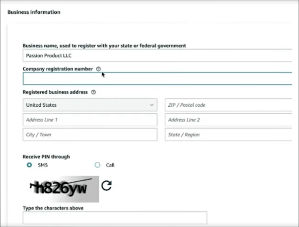 Business information section in Seller Central signup