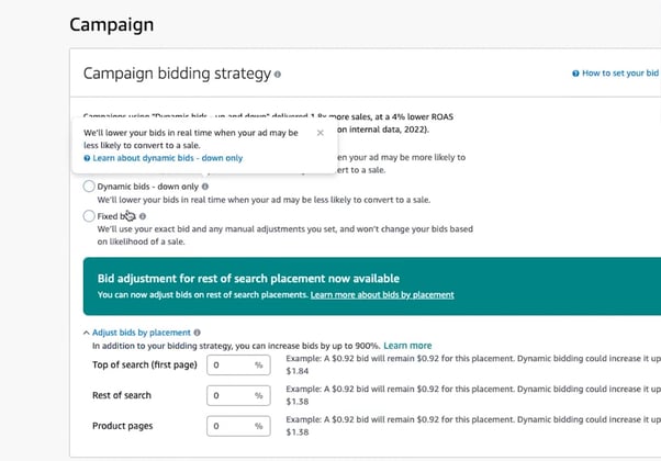 Campaign bidding strategy section in Sponsored Display ad creation