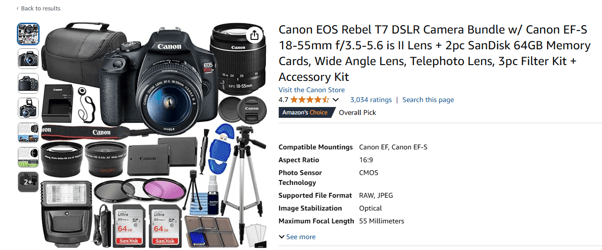 Cross sell bundle of camera and equipments