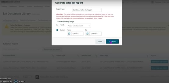 Image showing “generate report” option for Sales Tax Reports