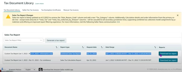 Image showing download option for Amazon Sales Tax Reports