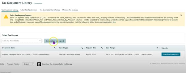 Image showing option “generate a Tax Report” option in Amazon Sales Tax Reports