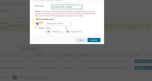 Image showing reporting date range option for Amazon Sales Tax Report