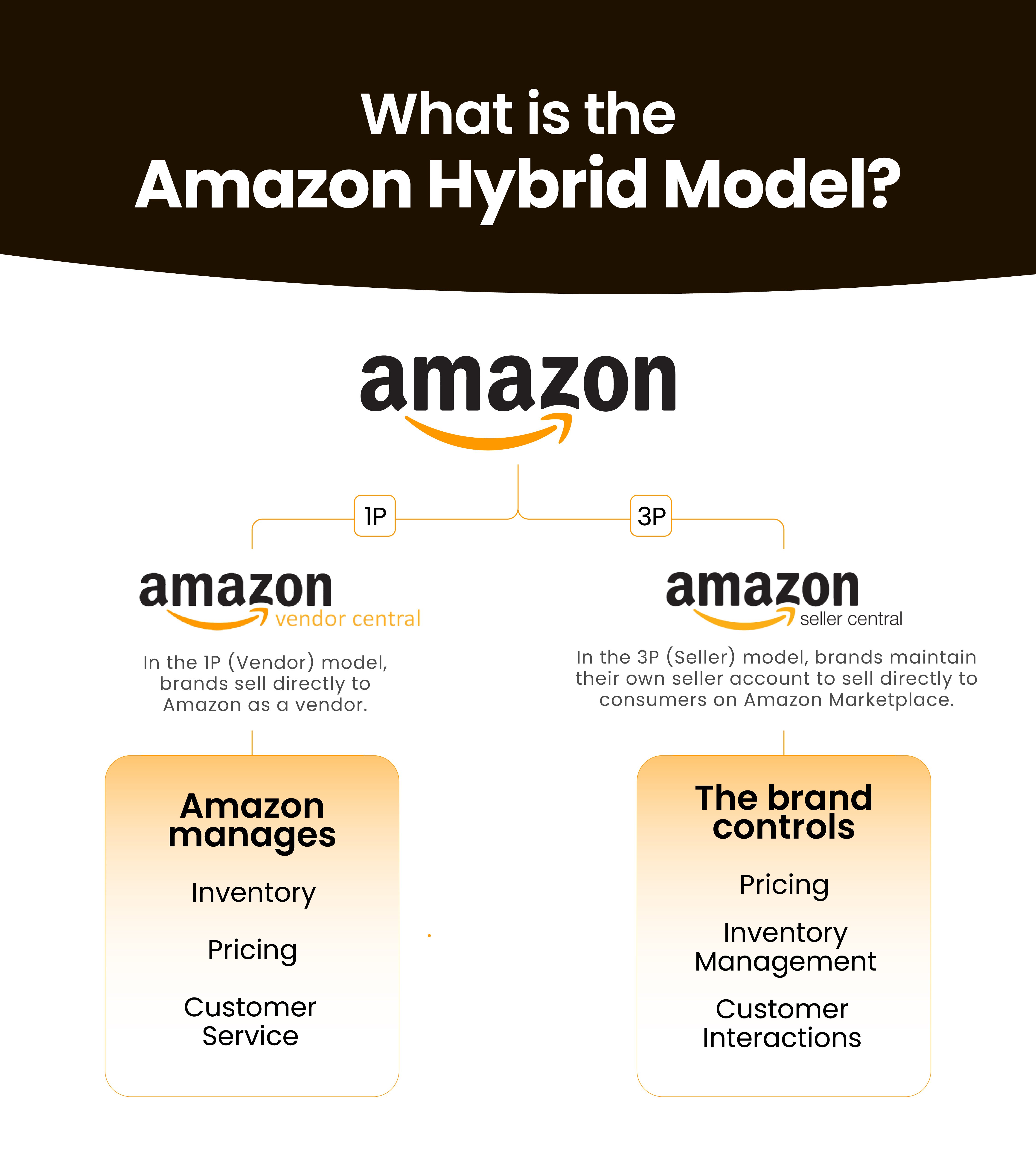 The Amazon Hybrid Model combines both first-party (1P) and third-party (3P) selling strategies on the Amazon platform. In this model, brands can sell their products directly to Amazon as a vendor (1P), allowing Amazon to handle inventory and customer service while also maintaining its own seller account (3P) to sell directly to consumers. This approach enables brands to benefit from Amazon's vast distribution network and marketing tools while retaining control over pricing and inventory management. By leveraging the advantages of both platforms, businesses today can maximize their reach and sales potential.