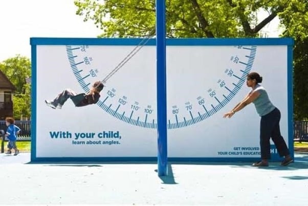 Interactive advertisement playground swing with a protractor