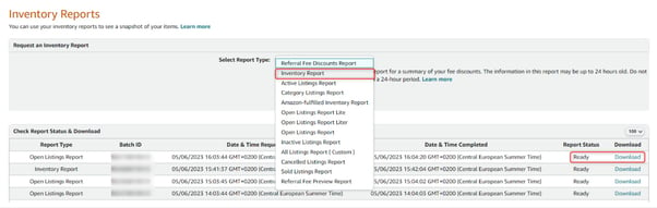 Inventory Reports download section on Amazon Seller Central