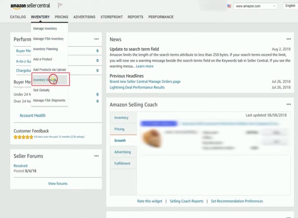Inventory Reports section on Amazon seller central