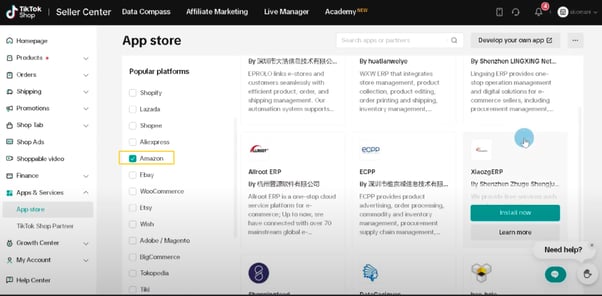 Linking Amazon to TikTok in the Apps &amp; Services section in TikTok seller center