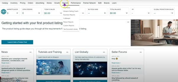 Navigate to the reports option in the Amazon Seller Central account