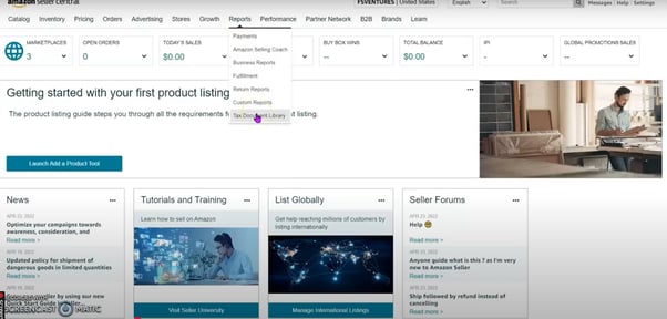 Navigate to the tax document library option in the Amazon Seller Central account