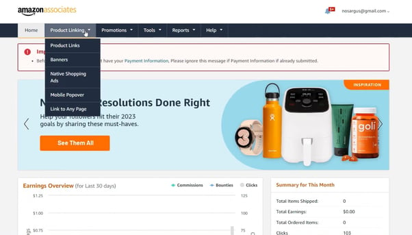 Product linking section on Amazon Associates