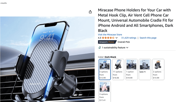 Product listing of a car phone holder