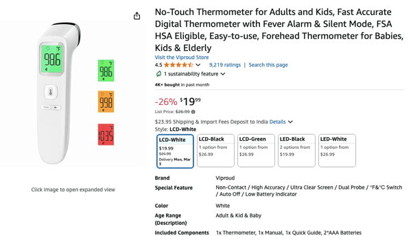 Product listing of a digital thermometer