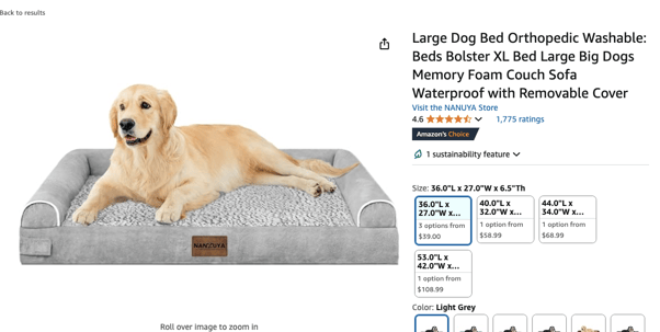 Product listing of a dog bed