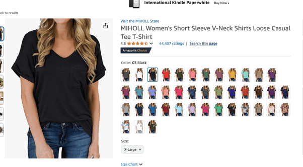 Product listing of women’s t-shirt