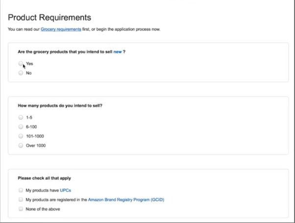 Product requirements section in grocery and gourmet category approval