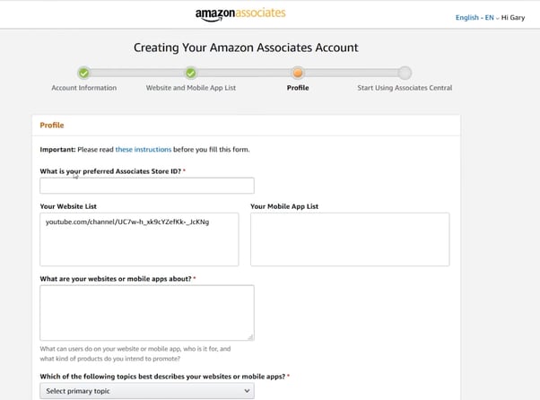 Profile section in Amazon Associates Account creation