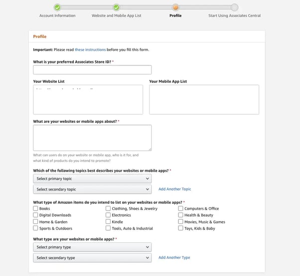 Profile setup for Amazon Associates application