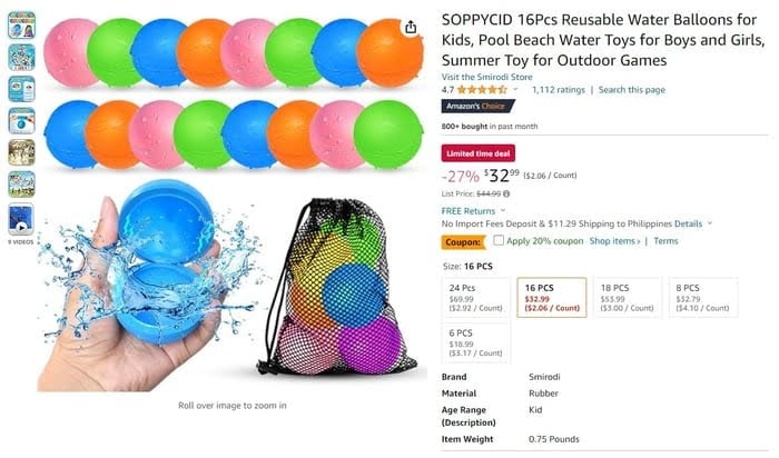 Screenshot of SOPPYCID Reusable water balloons from Amazon