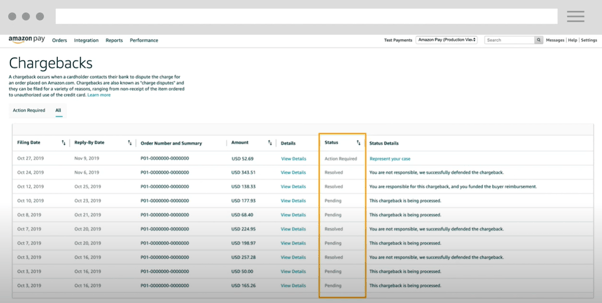 Screenshot of chargeback landing page highlighting the status of chargebacks