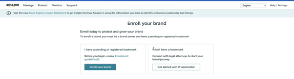 Screenshot showing options to enroll your brand via trademark or IP accelerator