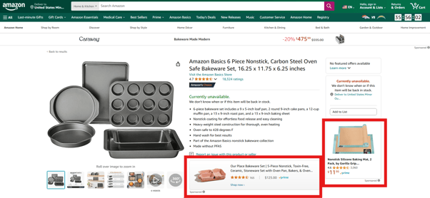 Screenshot showing the placement of Amazon sponsored products ads