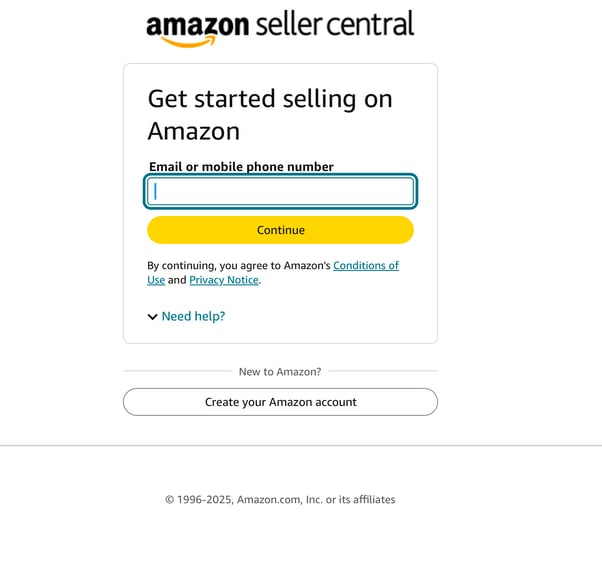 Sign up page on Amazon Seller Central