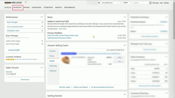 The ‘Inventory’ tab in Amazon Seller Central