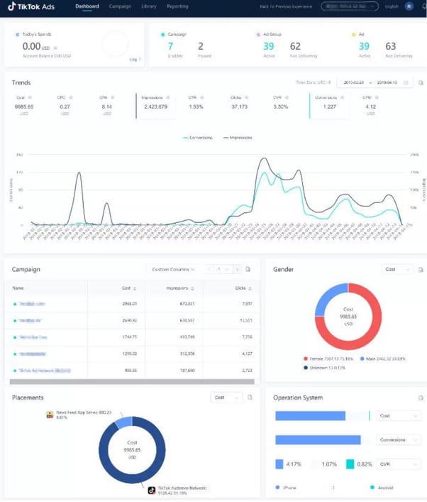 TikTok dashboard page