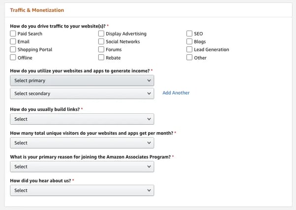 Traffic and monetisation questionnaire for affiliates