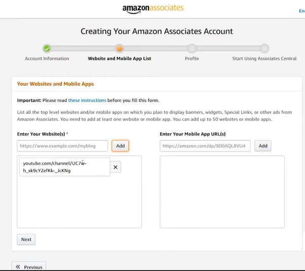 Website and Mobile App list section on Amazon Associate Account