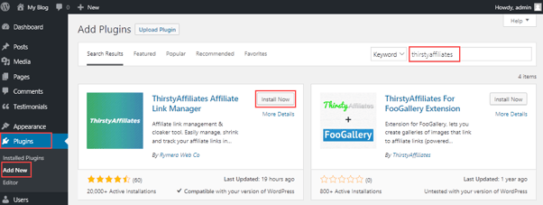 WordPress Plugin Installation ThirstyAffiliates Example