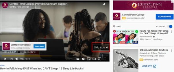 YouTube skippable ad with college promotion